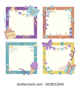 Birthday collage frame design. Children photo album family template. Birth day stylish border, cover. Creative scrapbook picture. Kid snapshot. Photo montage wall composition. Vector illustration. 