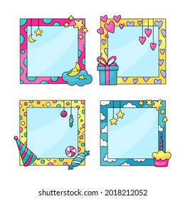 Birthday collage frame design. Children photo album family template. Birth day stylish border, cover. Creative scrapbook picture. Kid snapshot. Photo montage wall composition. Vector illustration. 