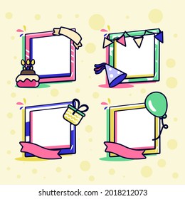 Birthday collage frame design. Children photo album family template. Birth day stylish border, cover. Creative scrapbook picture. Kid snapshot. Photo montage wall composition. Vector illustration. 