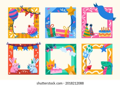 Birthday collage frame design. Children photo album family template. Birth day stylish border, cover. Creative scrapbook picture. Kid snapshot. Photo montage wall composition. Vector illustration. 