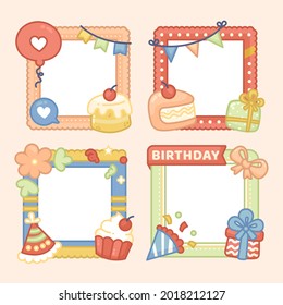 Birthday collage frame design. Children photo album family template. Birth day stylish border, cover. Creative scrapbook picture. Kid snapshot. Photo montage wall composition. Vector illustration. 