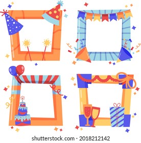 Birthday collage frame design. Children photo album family template. Birth day stylish border, cover. Creative scrapbook picture. Kid snapshot. Photo montage wall composition. Vector illustration. 