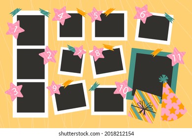 Birthday Collage Frame Design. Children Photo Album Family Template. Birth Day Stylish Border, Cover. Creative Scrapbook Picture. Kid Snapshot. Photo Montage Wall Composition. Vector Illustration. 