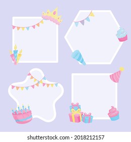 Birthday collage frame design. Children photo album family template. Birth day stylish border, cover. Creative scrapbook picture. Kid snapshot. Photo montage wall composition. Vector illustration. 