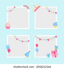 Birthday collage frame design. Children photo album family template. Birth day stylish border, cover. Creative scrapbook picture. Kid snapshot. Photo montage wall composition. Vector illustration. 