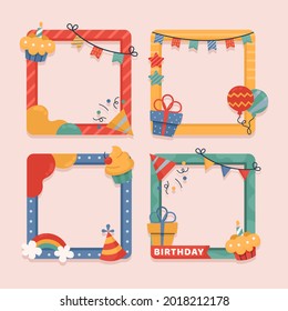 Birthday collage frame design. Children photo album family template. Birth day stylish border, cover. Creative scrapbook picture. Kid snapshot. Photo montage wall composition. Vector illustration. 