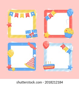 Birthday collage frame design. Children photo album family template. Birth day stylish border, cover. Creative scrapbook picture. Kid snapshot. Photo montage wall composition. Vector illustration. 