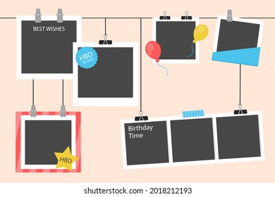 Birthday Collage Frame Design. Children Photo Album Family Template. Birth Day Stylish Border, Cover. Creative Scrapbook Picture. Kid Snapshot. Photo Montage Wall Composition. Vector Illustration. 