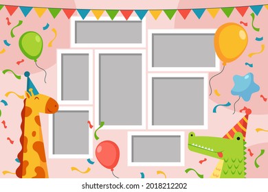 Birthday collage frame design. Children photo album family template. Birth day stylish border, cover. Creative scrapbook picture. Kid snapshot. Photo montage wall composition. Vector illustration. 