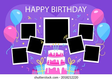 Birthday collage frame design. Children photo album family template. Birth day stylish border, cover. Creative scrapbook picture. Kid snapshot. Photo montage wall composition. Vector illustration. 