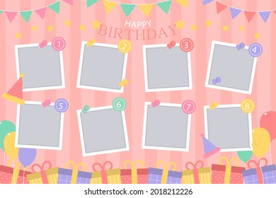 Birthday collage frame design. Children photo album family template. Birth day stylish border, cover. Creative scrapbook picture. Kid snapshot. Photo montage wall composition. Vector illustration. 