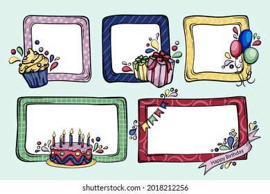Birthday collage frame design. Children photo album family template. Birth day stylish border, cover. Creative scrapbook picture. Kid snapshot. Photo montage wall composition. Vector illustration. 