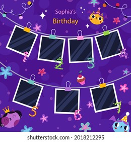Birthday collage frame design. Children photo album family template. Birth day stylish border, cover. Creative scrapbook picture. Kid snapshot. Photo montage wall composition. Vector illustration. 