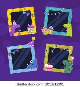 Birthday collage frame design. Children photo album family template. Birth day stylish border, cover. Creative scrapbook picture. Kid snapshot. Photo montage wall composition. Vector illustration. 