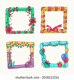 Birthday collage frame design. Children photo album family template. Birth day stylish border, cover. Creative scrapbook picture. Kid snapshot. Photo montage wall composition. Vector illustration. 