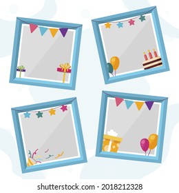 Birthday collage frame design. Children photo album family template. Birth day stylish border, cover. Creative scrapbook picture. Kid snapshot. Photo montage wall composition. Vector illustration. 