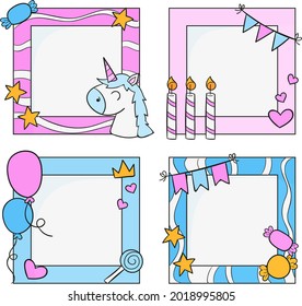 Birthday collage frame design. Children photo album family template. Birth day stylish border, cover. Creative scrapbook picture. Kid snapshot. Photo montage wall composition. Vector illustration. 