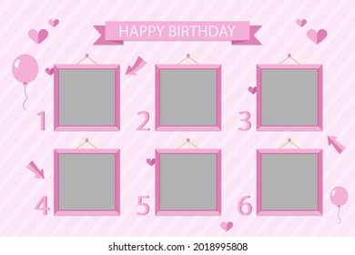 Birthday collage frame design. Children photo album family template. Birth day stylish border, cover. Creative scrapbook picture. Kid snapshot. Photo montage wall composition. Vector illustration. 