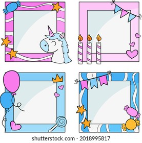Birthday collage frame design. Children photo album family template. Birth day stylish border, cover. Creative scrapbook picture. Kid snapshot. Photo montage wall composition. Vector illustration. 