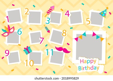 Birthday collage frame design. Children photo album family template. Birth day stylish border, cover. Creative scrapbook picture. Kid snapshot. Photo montage wall composition. Vector illustration. 