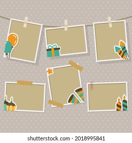 Birthday Collage Frame Design. Children Photo Album Family Template. Birth Day Stylish Border, Cover. Creative Scrapbook Picture. Kid Snapshot. Photo Montage Wall Composition. Vector Illustration. 