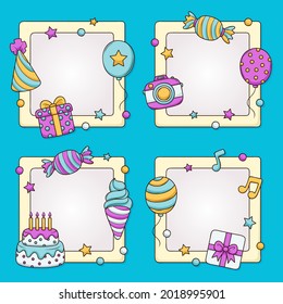 Birthday collage frame design. Children photo album family template. Birth day stylish border, cover. Creative scrapbook picture. Kid snapshot. Photo montage wall composition. Vector illustration. 