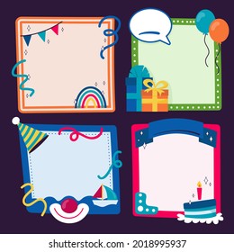 Birthday collage frame design. Children photo album family template. Birth day stylish border, cover. Creative scrapbook picture. Kid snapshot. Photo montage wall composition. Vector illustration. 