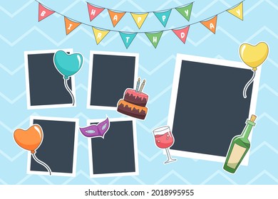 Birthday collage frame design. Children photo album family template. Birth day stylish border, cover. Creative scrapbook picture. Kid snapshot. Photo montage wall composition. Vector illustration. 