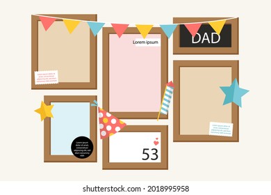 Birthday collage frame design. Children photo album family template. Birth day stylish border, cover. Creative scrapbook picture. Kid snapshot. Photo montage wall composition. Vector illustration. 