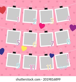 Birthday Collage Frame Design. Children Photo Album Family Template. Birth Day Stylish Border, Cover. Creative Scrapbook Picture. Kid Snapshot. Photo Montage Wall Composition. Vector Illustration. 