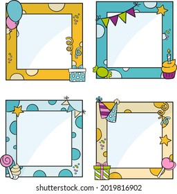 Birthday collage frame design. Children photo album family template. Birth day stylish border, cover. Creative scrapbook picture. Kid snapshot. Photo montage wall composition. Vector illustration. 