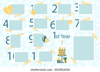 Birthday collage frame design. Children photo album family template. Birth day stylish border, cover. Creative scrapbook picture. Kid snapshot. Photo montage wall composition. Vector illustration. 