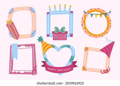 Birthday collage frame design. Children photo album family template. Birth day stylish border, cover. Creative scrapbook picture. Kid snapshot. Photo montage wall composition. Vector illustration. 