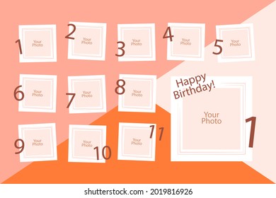 Birthday collage frame design. Children photo album family template. Birth day stylish border, cover. Creative scrapbook picture. Kid snapshot. Photo montage wall composition. Vector illustration. 