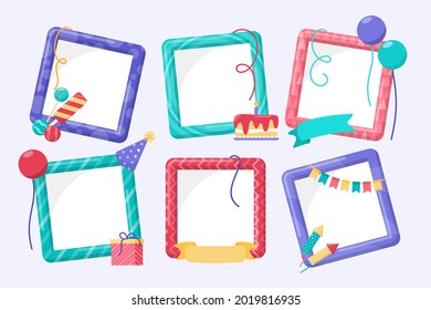 Birthday collage frame design. Children photo album family template. Birth day stylish border, cover. Creative scrapbook picture. Kid snapshot. Photo montage wall composition. Vector illustration. 