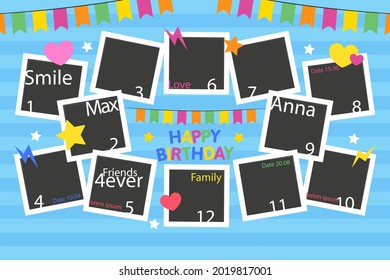 Birthday collage frame design. Children photo album family template. Birth day stylish border, cover. Creative scrapbook picture. Kid snapshot. Photo montage wall composition. Vector illustration. 