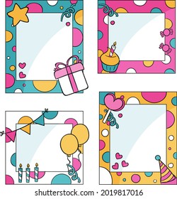 Birthday collage frame design. Children photo album family template. Birth day stylish border, cover. Creative scrapbook picture. Kid snapshot. Photo montage wall composition. Vector illustration. 