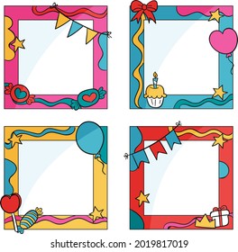 Birthday collage frame design. Children photo album family template. Birth day stylish border, cover. Creative scrapbook picture. Kid snapshot. Photo montage wall composition. Vector illustration. 