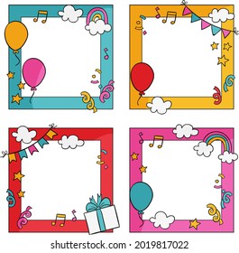 Birthday collage frame design. Children photo album family template. Birth day stylish border, cover. Creative scrapbook picture. Kid snapshot. Photo montage wall composition. Vector illustration. 