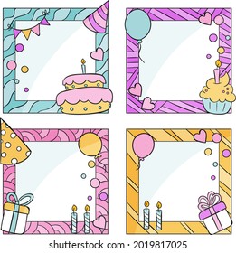 Birthday collage frame design. Children photo album family template. Birth day stylish border, cover. Creative scrapbook picture. Kid snapshot. Photo montage wall composition. Vector illustration. 