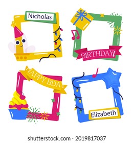 Birthday collage frame design. Children photo album family template. Birth day stylish border, cover. Creative scrapbook picture. Kid snapshot. Photo montage wall composition. Vector illustration. 