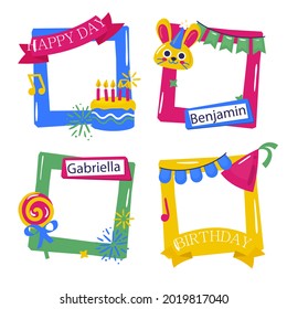 Birthday collage frame design. Children photo album family template. Birth day stylish border, cover. Creative scrapbook picture. Kid snapshot. Photo montage wall composition. Vector illustration. 