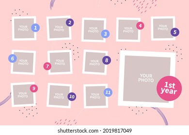 Birthday collage frame design. Children photo album family template. Birth day stylish border, cover. Creative scrapbook picture. Kid snapshot. Photo montage wall composition. Vector illustration. 