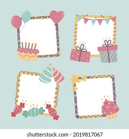 Birthday collage frame design. Children photo album family template. Birth day stylish border, cover. Creative scrapbook picture. Kid snapshot. Photo montage wall composition. Vector illustration. 