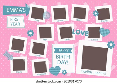 Birthday collage frame design. Children photo album family template. Birth day stylish border, cover. Creative scrapbook picture. Kid snapshot. Photo montage wall composition. Vector illustration. 