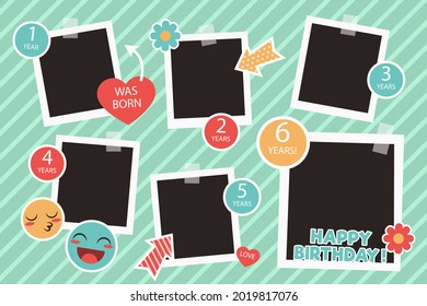 Birthday collage frame design. Children photo album family template. Birth day stylish border, cover. Creative scrapbook picture. Kid snapshot. Photo montage wall composition. Vector illustration. 
