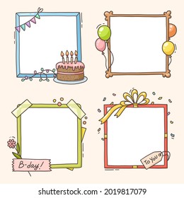 Birthday collage frame design. Children photo album family template. Birth day stylish border, cover. Creative scrapbook picture. Kid snapshot. Photo montage wall composition. Vector illustration. 