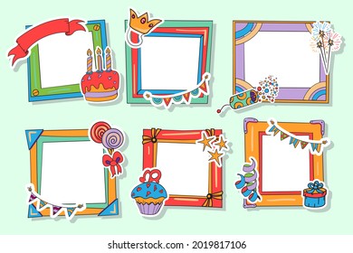 Birthday collage frame design. Children photo album family template. Birth day stylish border, cover. Creative scrapbook picture. Kid snapshot. Photo montage wall composition. Vector illustration. 
