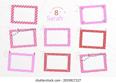 Birthday collage frame design. Children photo album family template. Birth day stylish border, cover. Creative scrapbook picture. Kid snapshot. Photo montage wall composition. Vector illustration. 