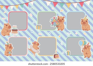 Birthday collage frame design. Children photo album  with capybara template. Kid snapshot.